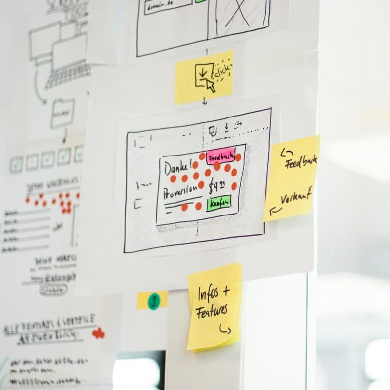 Schetsen en gele memo's op een glazen wand tijdens een workshop